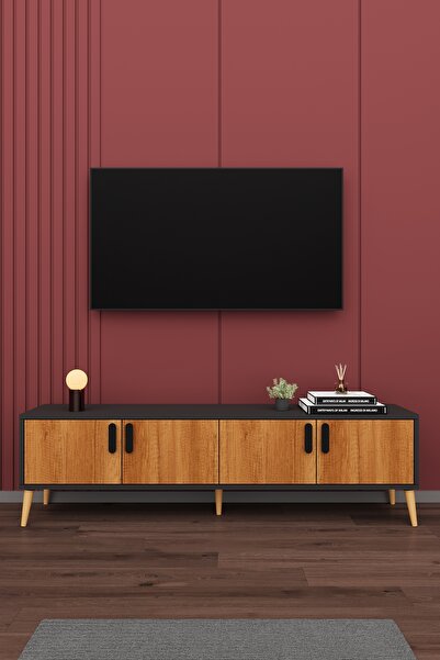 asratrend Modern TV Ünitesi %100 MDF 4 Kapaklı Ahşap Ayaklı Televizyon Sehpas...