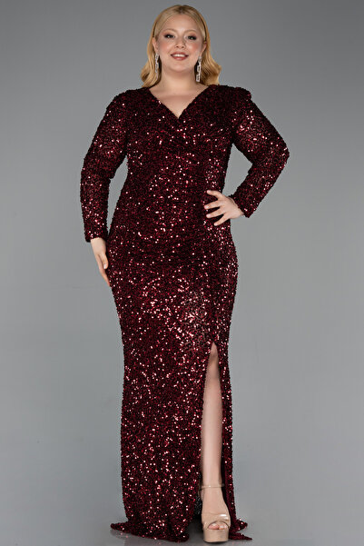 Efelif Burgundy Long Sleeve Double Breasted Collar Slit Plus Size Evening Dre...