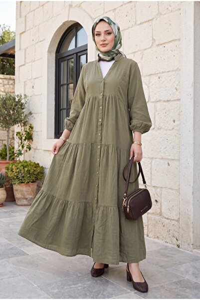 Modamorfo V-Neck Half-Buttoned Piece Muslin Dress with Elastic Sleeves -Khaki