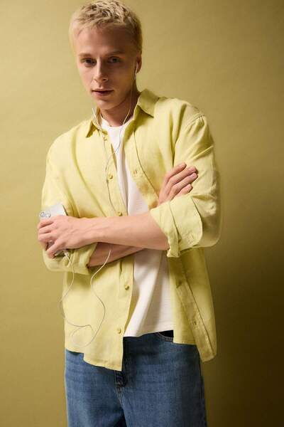 DeFacto 100% Linen Relax Fit Polo Collar Woven Long Sleeve Shirt G0856Ax26Sm