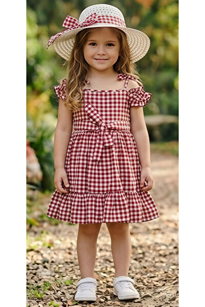 CARMİNA KİDS Girl's Gingham Pattern Belted Straw Hat Summer Dress