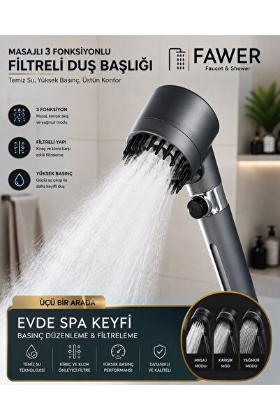 FAWER Faucet & Shower Filtreli 3 Fonksiyonlu Yüksek Basınçlı Taraklı Start St...
