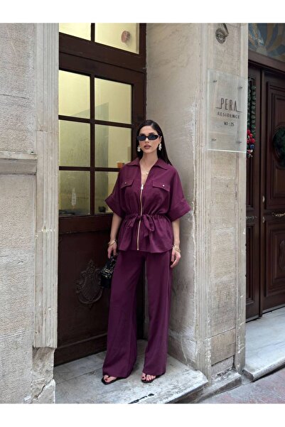 CELITA Kadın Tencel Beli Bağlamalı Kısa Fermuarlı Bluz Oversize Pantolon Takım