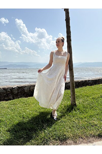 Madame Simerdo Butik Kalın Askılı İşlemeli midi Elbise