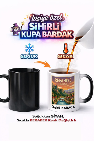 İlçe Erzincan Refahiye Kişiye Özel Çift Taraflı Baskılı Porselen Sihirli Kupa Bardak Hediye