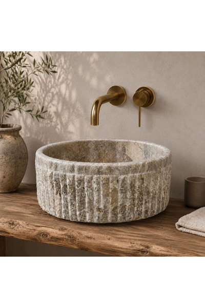 ÖZKAN Silver Traverten Silindir Çanak Yuvarlak Lavabo, Patlatılmış Teker Lavabo