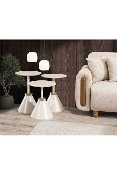 SMİLESEPET PERA ZİGON SEHPA 3 'LÜ SET VARİO VİZON ÜST TABLA TRAVERTEN DESEN