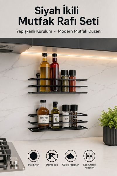 Alper Banyo Adhesive Hooked Spice Rack Kitchen Shelf Organizer 2 Pieces Shelv...