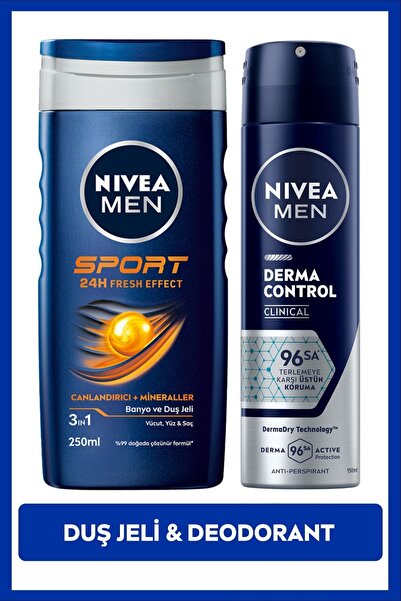 NIVEA MEN Erkek Sprey Deodorant Derma Control Clinical 150ml ve Sport Duş Jel...