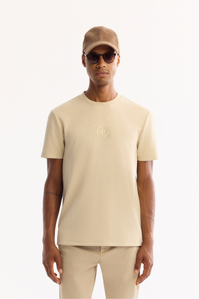 Avva Beigefarbenes Herren-T-Shirt mit Rundhalsausschnitt aus Viskose-Mischgew...