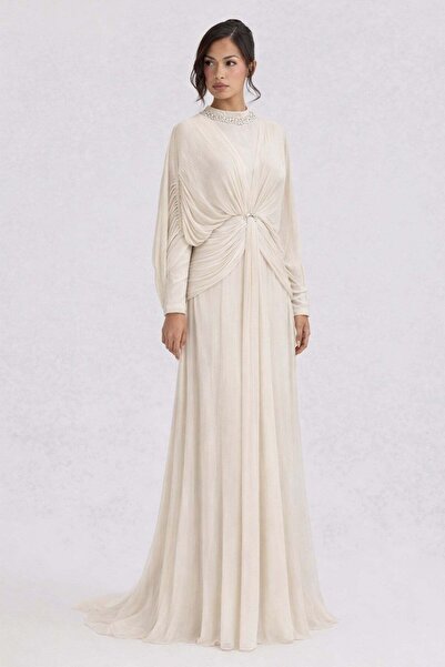 Olcay Yoryo Silk Hijab Evening Dress with Stone and Flywheel Detail Taş 1254