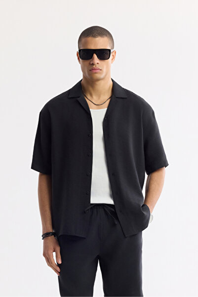Avva Erkek Siyah Apaj Yaka Soft Touch Kısa Kol Oversize Fit Gömlek A51Y2006