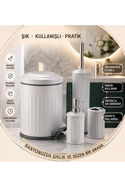 Eforeca Vintage 4 Lü Çöp Kovası Banyo Seti Çizgili Gri