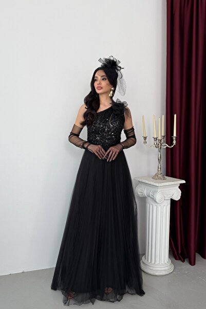 Serica Moda Black One-Shoulder Sequin Embroidered Puffy Tulle Skirted Evening...