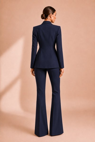 PEARL Lacivert Blazer Ceket Flare Pantolon Takım – Kadın Şık Ofis Stili Yüksek Bel Alt Üst Kombin