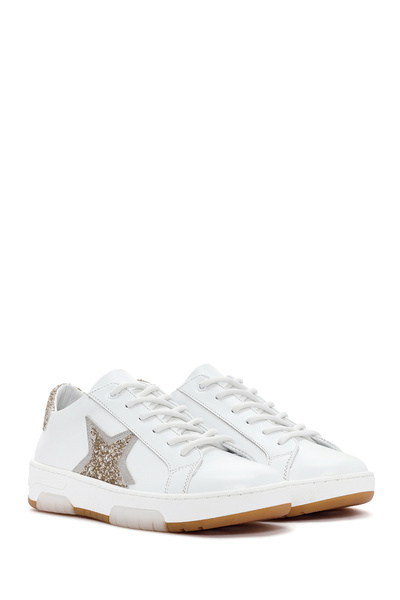 Derimod Women's White Lace-Up Thick-Soled Sports Shoes, Stoned Leather Sneaker 26Pfd220014