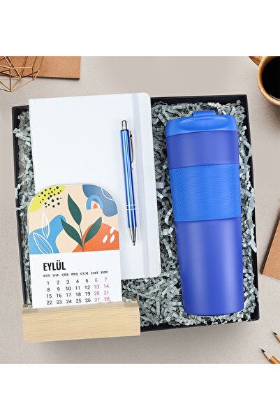 Theikonstore Defter & Kalem & Masa Takvimi & French Pressli Termos Hediye Seti