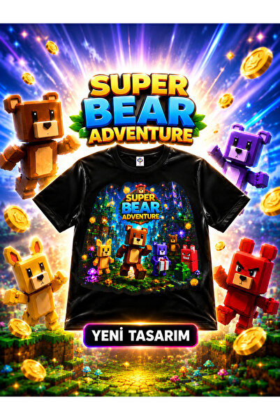voltrex design Super Bear Adventure Çocuk Tişörtü Siyah Baskılı Erkek Kız Çoc...