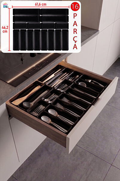color house Parlak Siyah (Piano Black) 16'lı Set Modüler Çekmece İçi Kaşıklık...