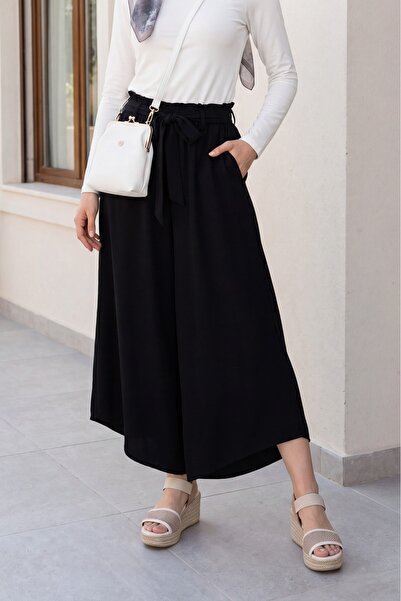 Modamorfo Elastic Waist Belted Linen Look Skirt Trousers with Pockets - Black