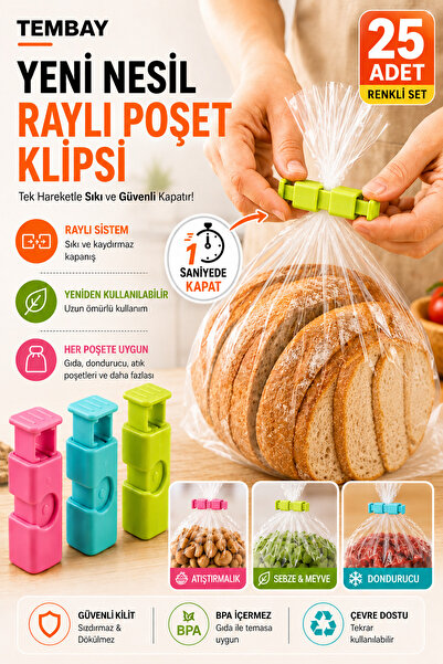 TEMBAY 25 Adet Poşet Klipsi, Kaliteli Poşet Mandalı, Poşet Düzenleyici, Poşet...