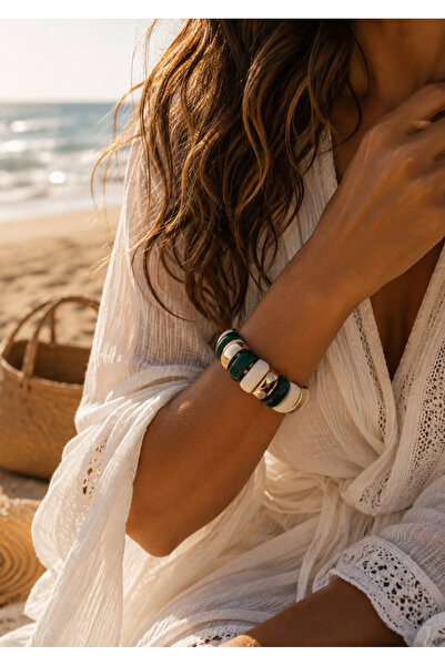 İNİTİUM Premium Kalite Çift Lastikli Bombe Model Gold Detaylı Kemik Bilezik