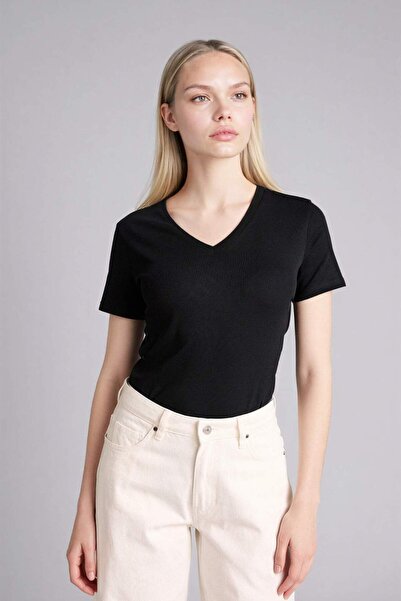 DeFacto εφαρμοστό Slim Fit V-Neck Ριμπ πλέξη Basic Plain 100% Βαμβάκι Κοντομά...