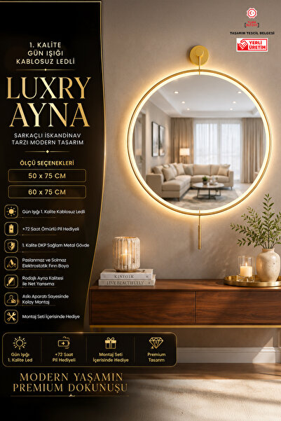 MetaQuartz Aksesuar Kablosuz LED’li Luxry Mirror Ayna GOLD 50x75 - 60x75 Cm M...