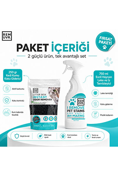 REMUVR 2’li Temizlik Seti 250 gr Kedi Kumu Koku Giderici + 750 ml Evcil Hayvan Leke ve İz Temizleyici Sprey