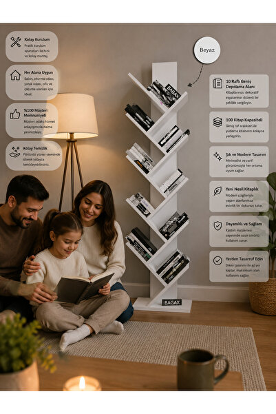 BAGAX Likya Model, Beyaz Renk, 10 Raflı Dekoratif Kitaplık Modern Kitaplık Ra...