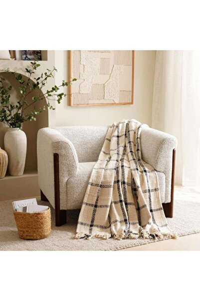PAN HOME Miami Chunky Plaid Soft Throw With Fringes- 130x170cm -black