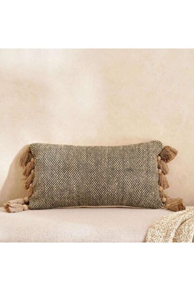 PAN HOME Chunky Linen Oblong Tasseled Down Feel Filled Cushion 30x50cm - Petrol