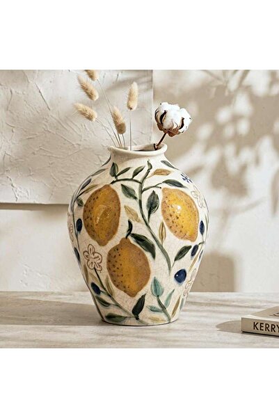PAN HOME Yuzu Stoneware Lemon Handpainted Vase 17.5x17.5x21.5cm - Cream