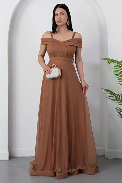 PULLIMM Spaghetti Strap Glittery Tulle Long Evening Dress 13278