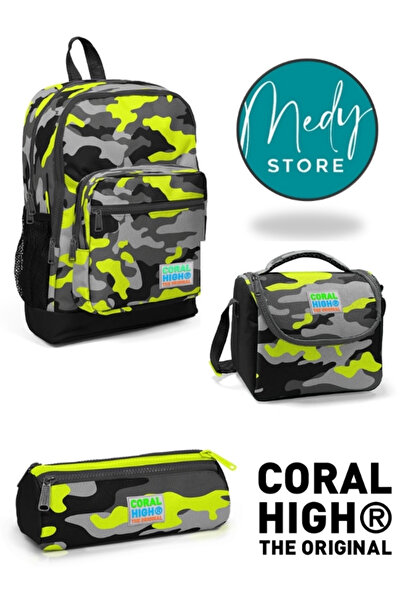 Coral High Set de 3 genți de școală pentru copii, negru, gri, cu model de cam...