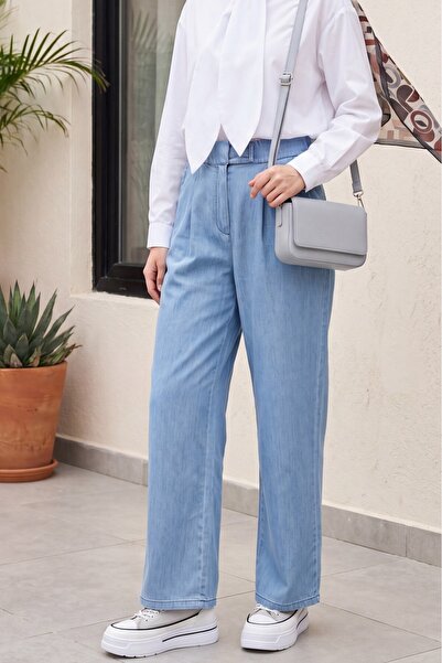 Modamorfo Double Pocket Elastic Waist Velcro Pleated Trousers - Light Blue