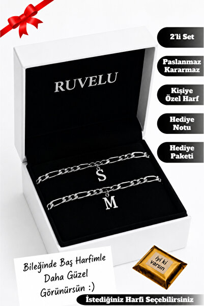 ruvelu 2'li Harfli Paslanmaz Çelik Bileklik Seti – Sevgili, Çift, Arkadaş Hed...