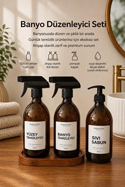 Simona Home Bathroom Organizer Set with Wooden Stand, White Label Liquid Soap...