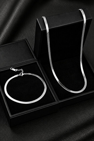 CAXBERN Unisex Flat Italian Chain Necklace Bracelet Set Tarnish Resistant Ste...