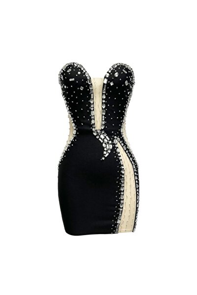 NO BRAND Rochie bandage mini cu pietricele - Negru, S