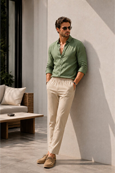 BRACCAS Men's Beige Slim Fit Elastic Waist Stretch Fabric Slim Fit Jogger Pants