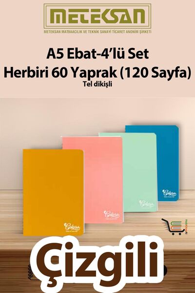 Meteksan 60 Sheets (120 Pages) School Notebook - Notepad Set of 4 A5 Size Wir...