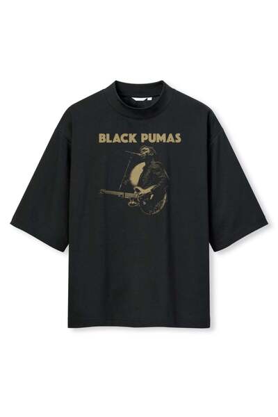 buzagi tasarım ürünleri Black Pumas Digital Print Oversize Black Unisex T-Shirt