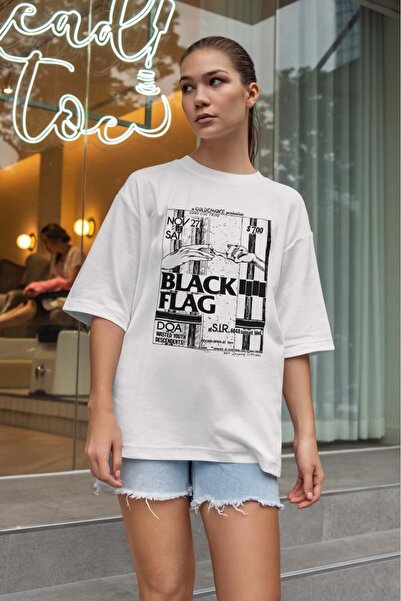 buzagi tasarım ürünleri Black Flag Oversize Unisex White T-Shirt