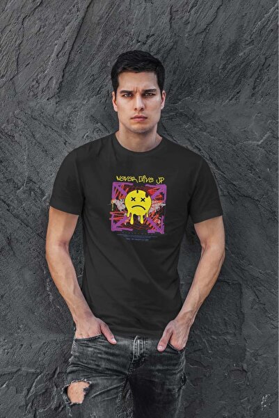 buzagi tasarım ürünleri Never Give up Regular Fit Black Unisex T-Shirt