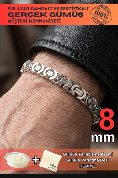 OSMANLI GÜMÜŞ 8mm 925 Ayar Gümüş Erkek Bileklik Künye Parlak Euro Kral Model