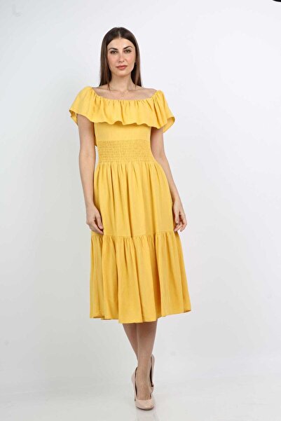 mica Off-Shoulder Fluffy Midi Dress with Short Sleeves