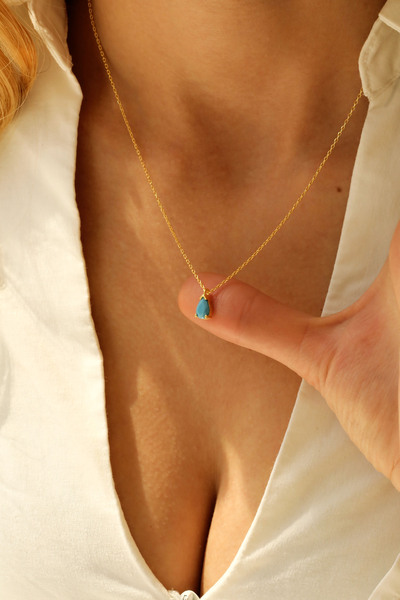 Spossy Silver Jewelry 925 Ayar Gümüş, Gold, Mavi Taşlı Minimal Damla Kolye