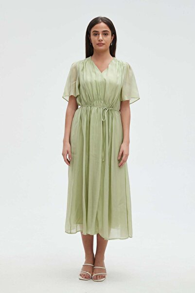 mica Solid Midi Dress with Short Sleeves and Waist Tie