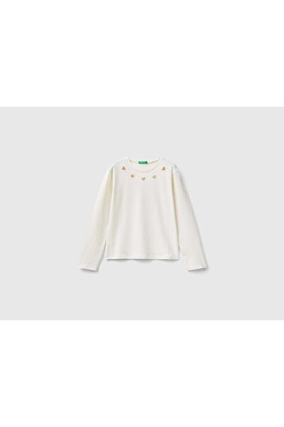 United Colors of Benetton تي شيرت بناتي بأكمام طويلة ورقبة دائرية وطبعة على ا...